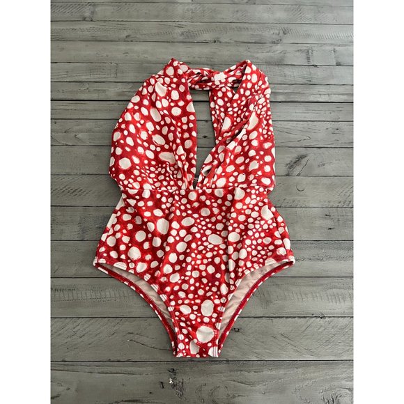 ADRIANA DEGREAS V Neck Red Dot Ray Fish One Piece Halter Neck Swimsuit Size M - Picture 2 of 7